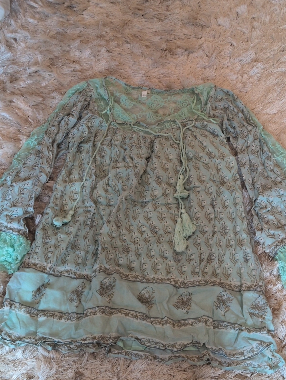 Boho Lace-Trim Mint Peasant Top